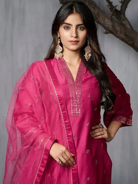 Ethnic Motifs Embroidered Regular Sequinned Pure Silk Kurta with Trousers & Dupatta
