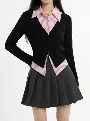 Fake Two Piece Shirt   Pleated Skirt Set