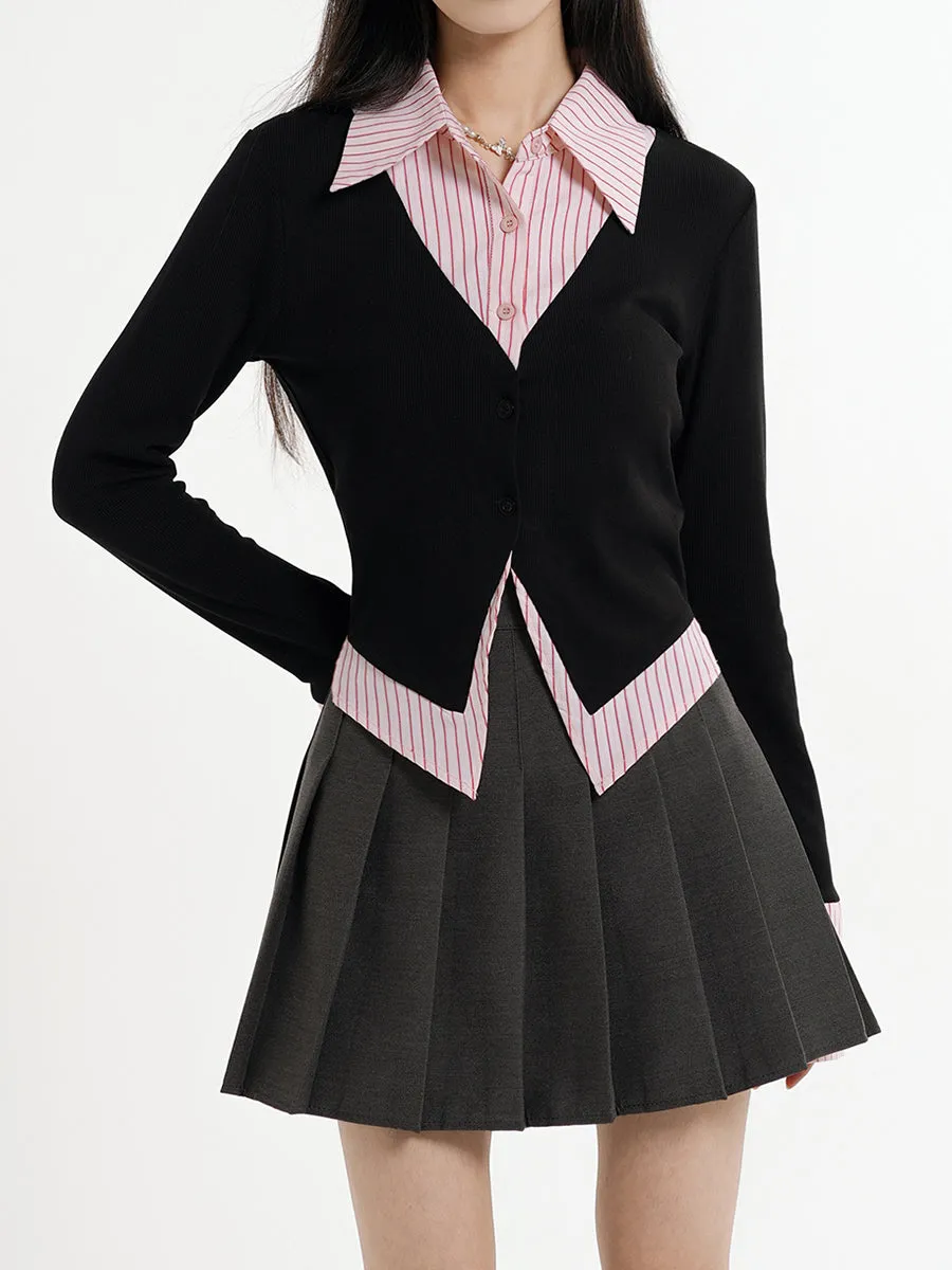 Fake Two Piece Shirt   Pleated Skirt Set