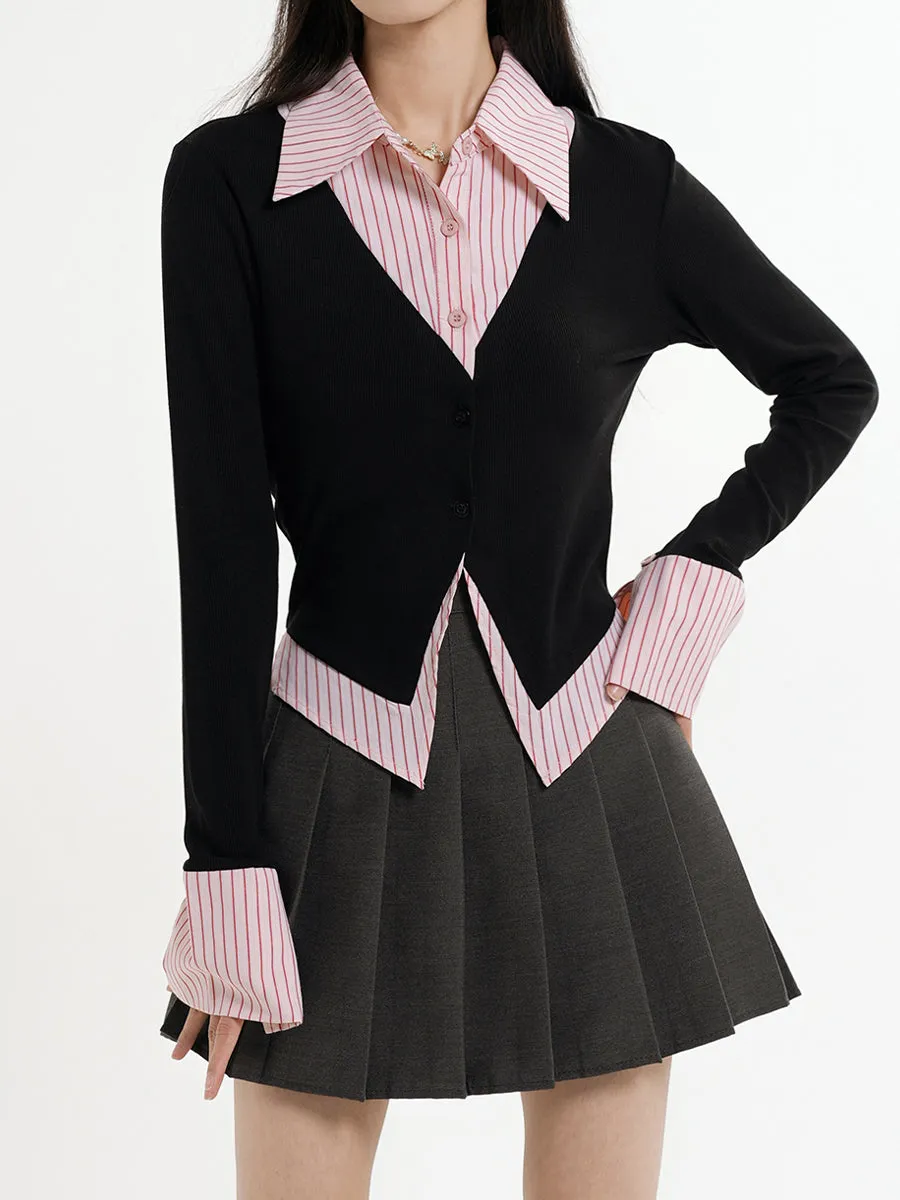 Fake Two Piece Shirt   Pleated Skirt Set