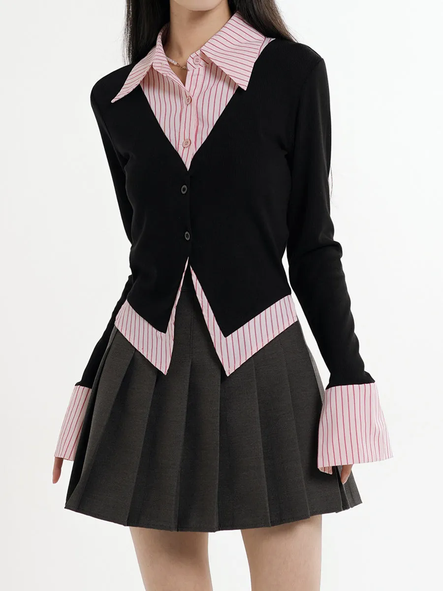 Fake Two Piece Shirt   Pleated Skirt Set