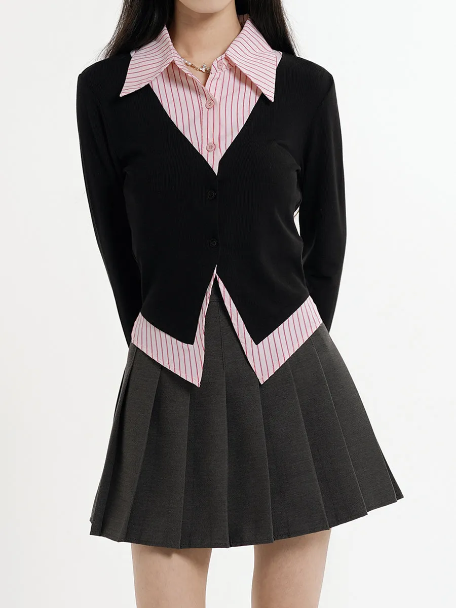 Fake Two Piece Shirt   Pleated Skirt Set