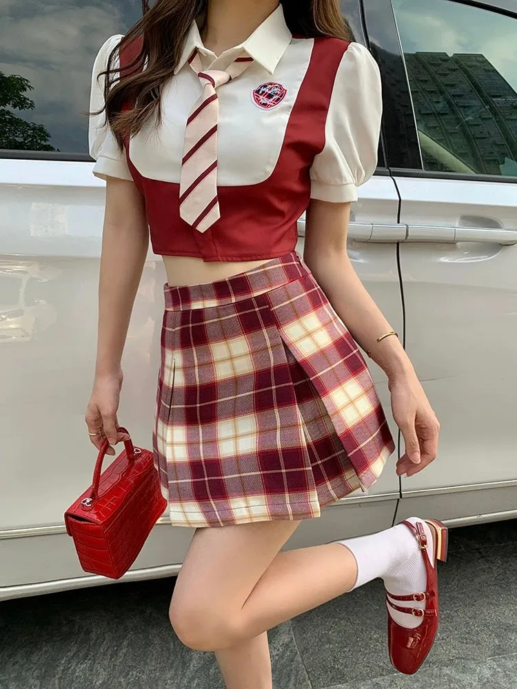 Fake Two Piece Shirt Top   Plaid Skirt with Tie Set