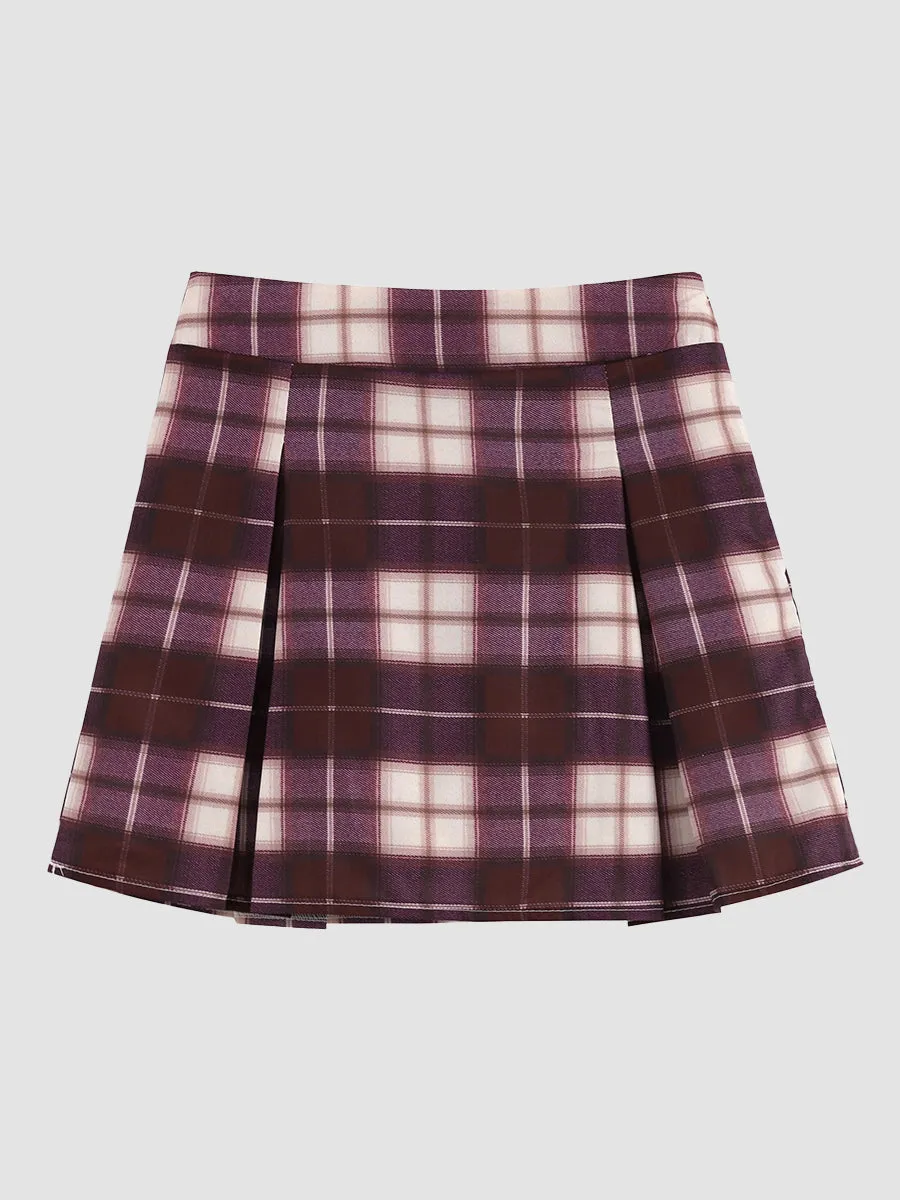 Fake Two Piece Shirt Top   Plaid Skirt with Tie Set