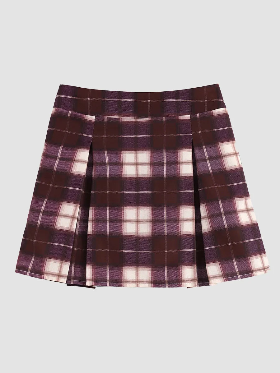 Fake Two Piece Shirt Top   Plaid Skirt with Tie Set