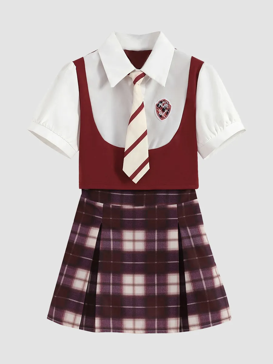 Fake Two Piece Shirt Top   Plaid Skirt with Tie Set