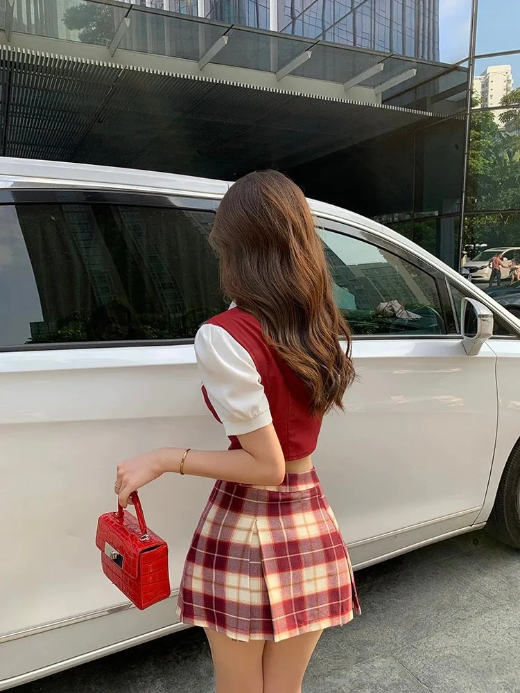 Fake Two Piece Shirt Top   Plaid Skirt with Tie Set