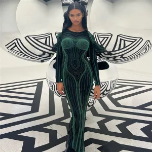 Fashionable Long-Sleeve Round Neck Printed Slim Fit Bodycon Dress