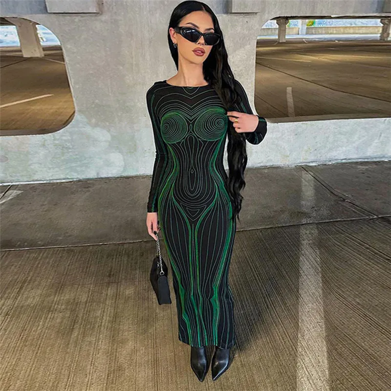 Fashionable Long-Sleeve Round Neck Printed Slim Fit Bodycon Dress