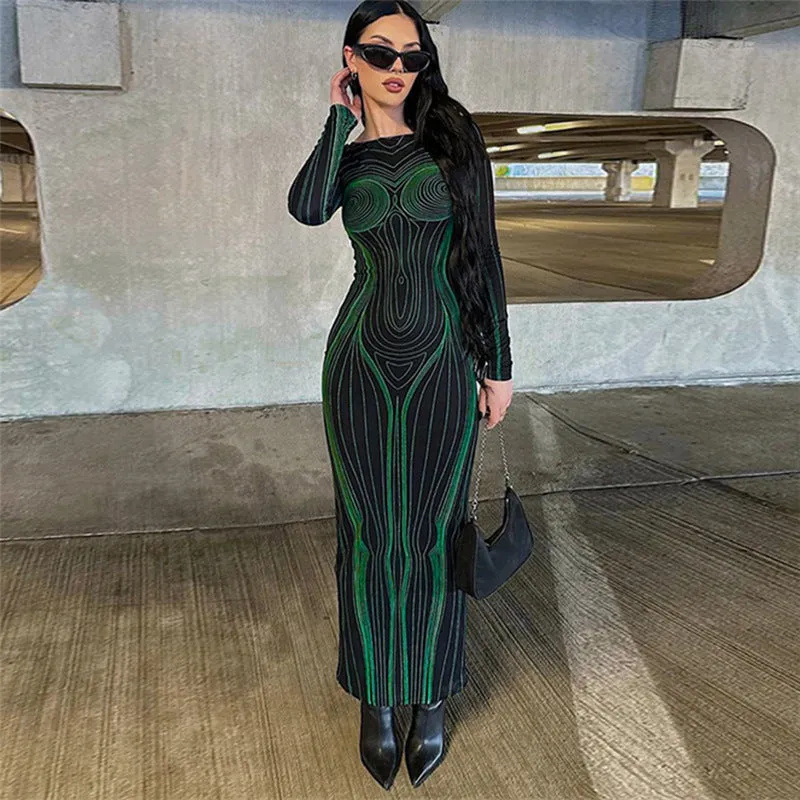 Fashionable Long-Sleeve Round Neck Printed Slim Fit Bodycon Dress