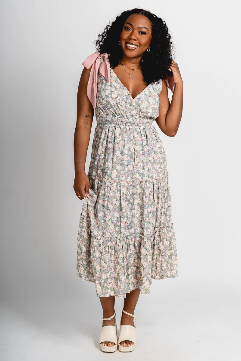 Floral crinkle midi dress dusty blue