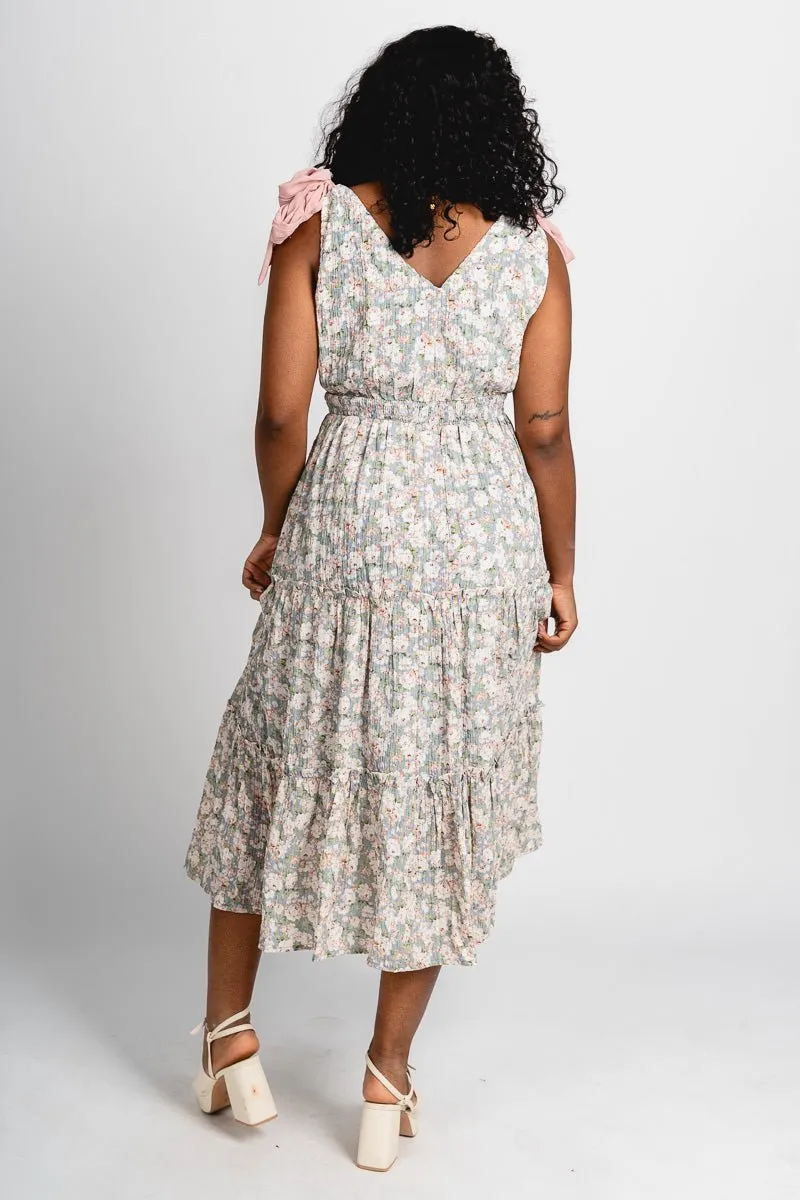 Floral crinkle midi dress dusty blue