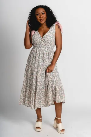 Floral crinkle midi dress dusty blue