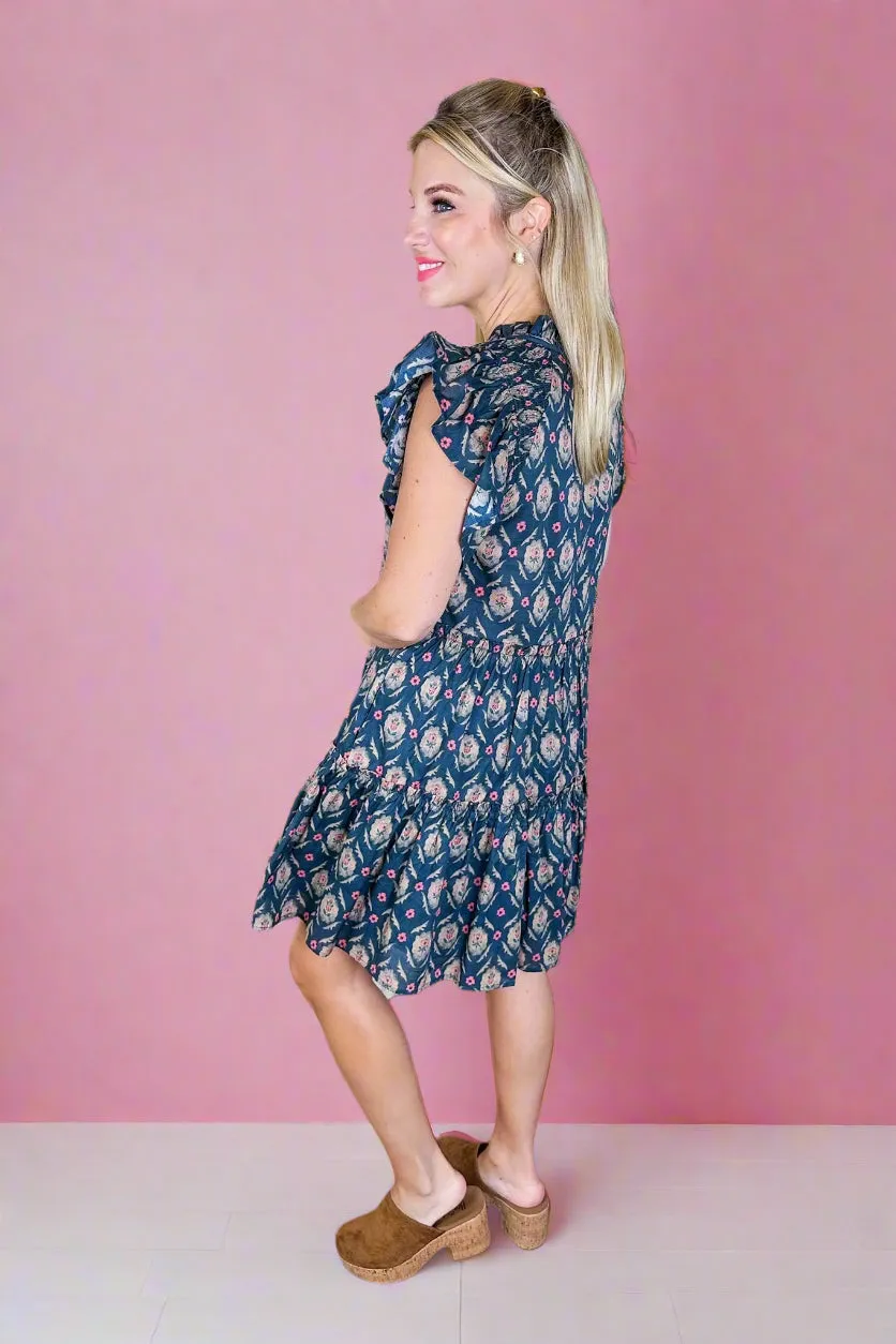 Floral Ogee Smocked Ruffle Tie Neck Pocketed Tiered Dress