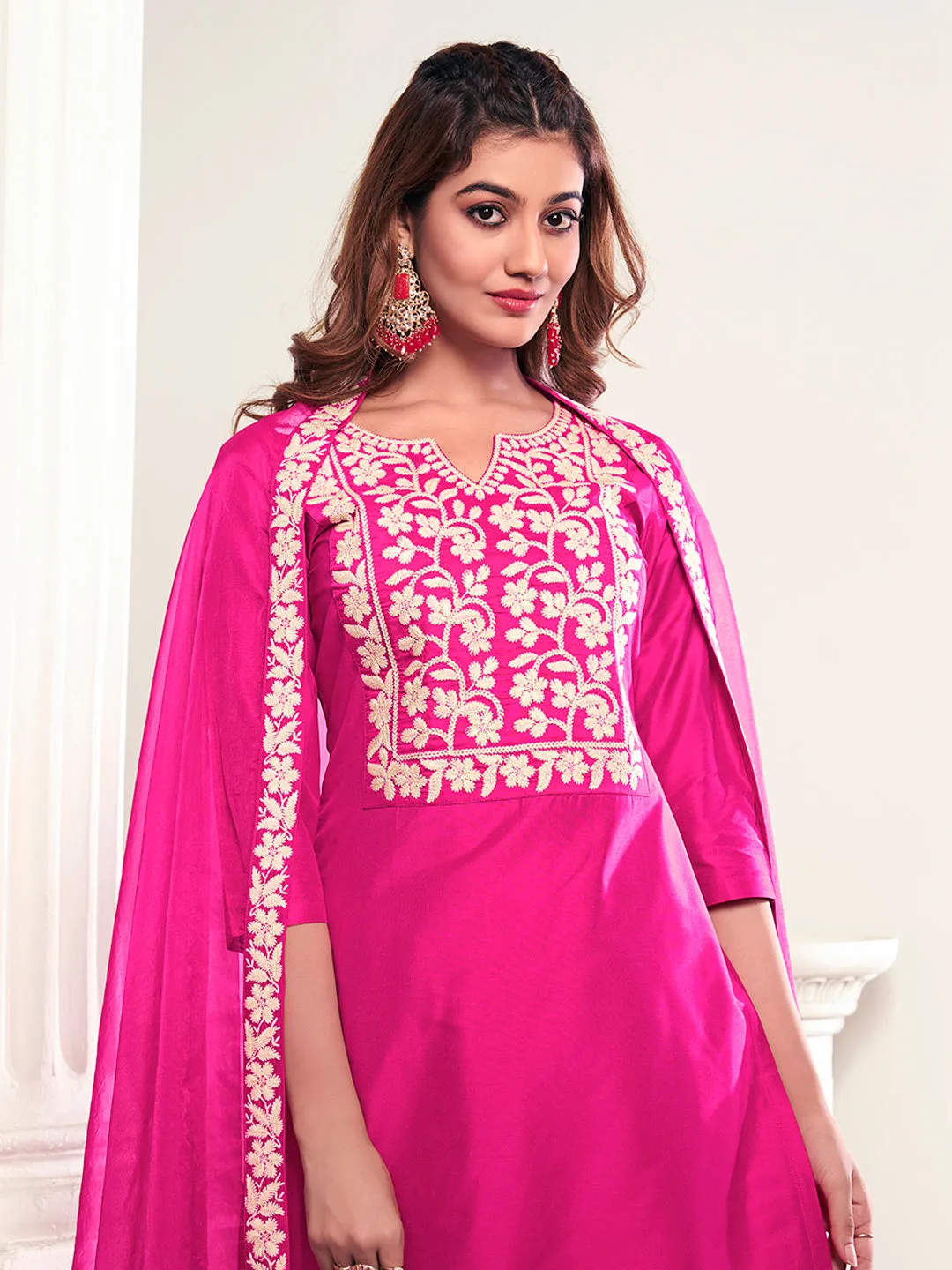 Floral Yoke Design Notch Neck Thread Work Kurta With Trousers & Dupatta