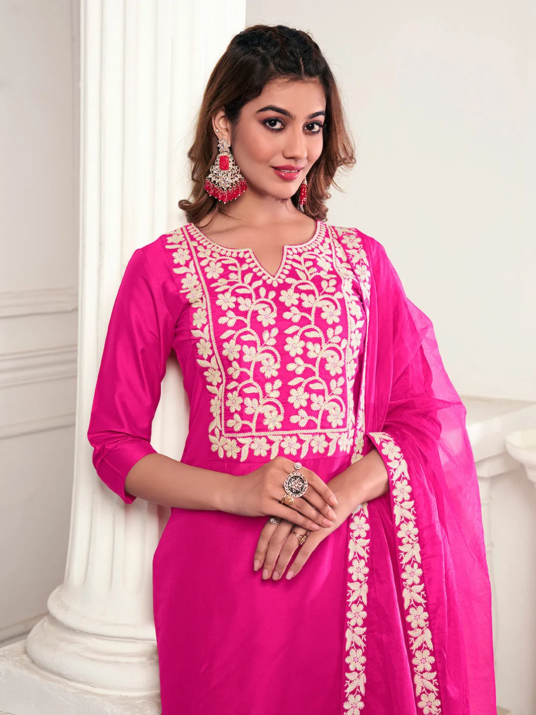 Floral Yoke Design Notch Neck Thread Work Kurta With Trousers & Dupatta