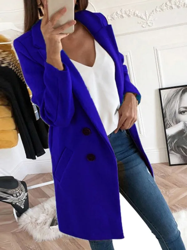 Front Buttoned Long Overcoat - Front Pockets And Padded Shoulders