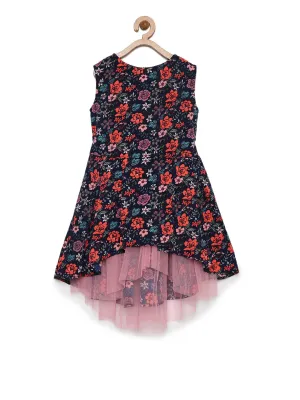 Girls Black Multicolored Crepe Floral Print High-Low Dress