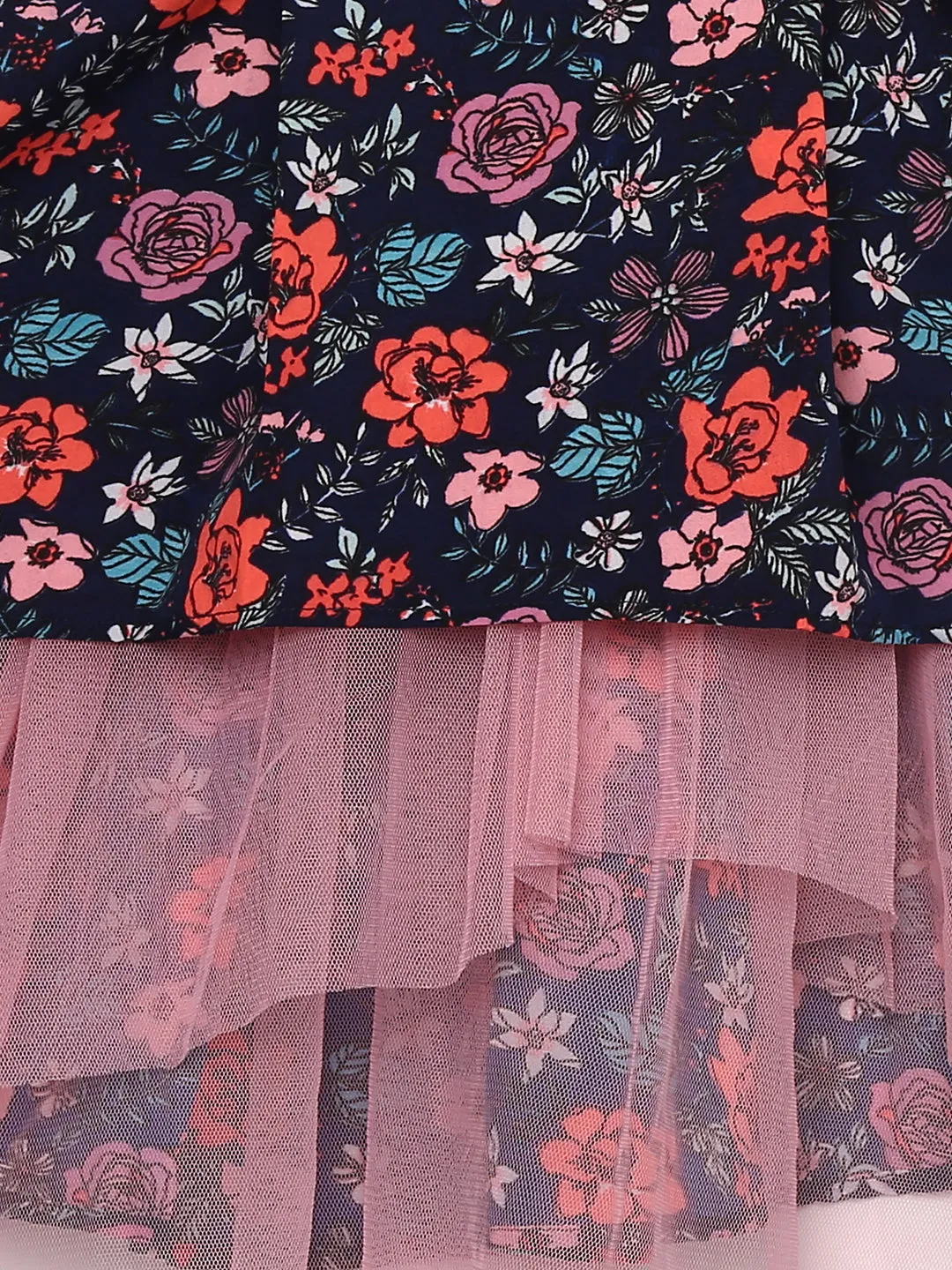 Girls Black Multicolored Crepe Floral Print High-Low Dress