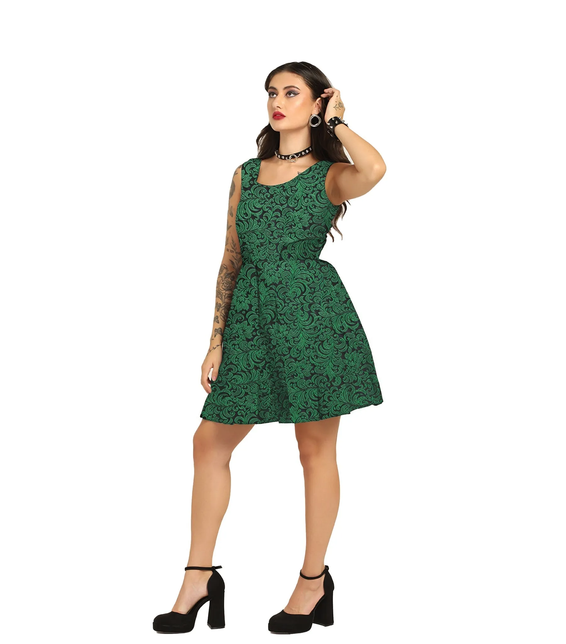 Green Brocade Charm - Trendy Pleated Brocade Dress