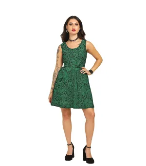 Green Brocade Charm - Trendy Pleated Brocade Dress