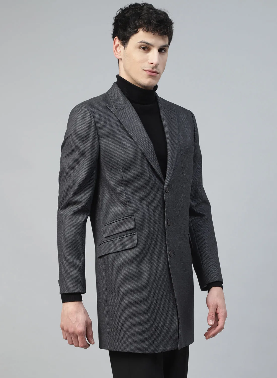 Grey Knit Textured Uncrushable Long Coat