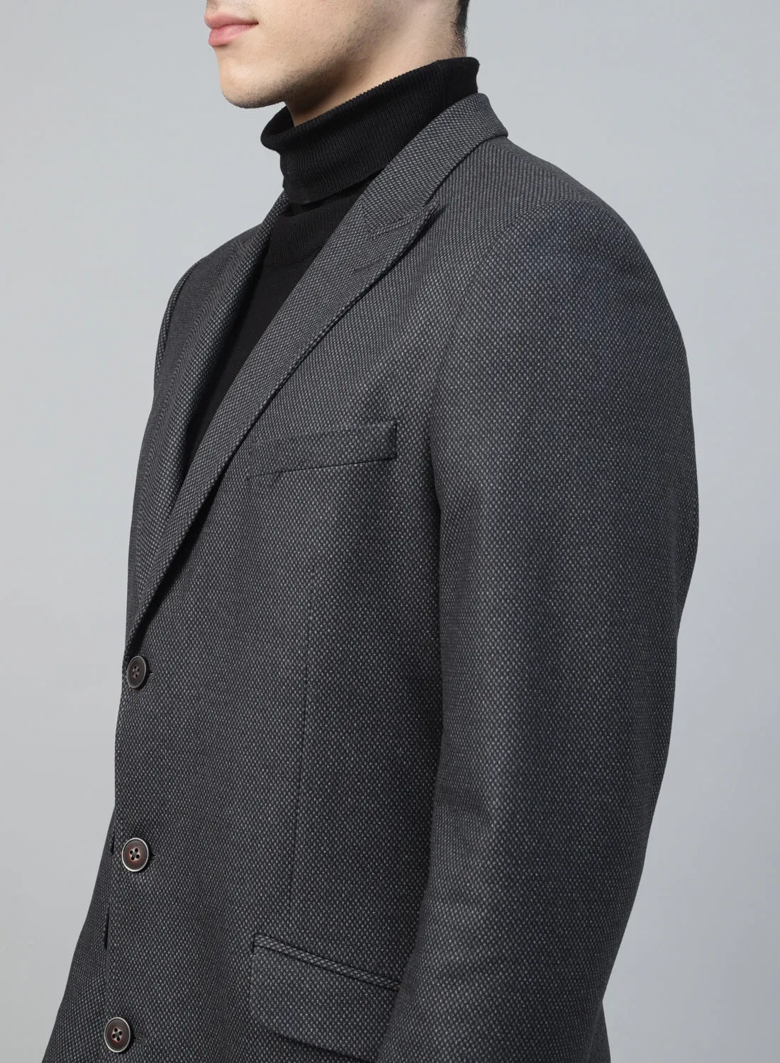 Grey Knit Textured Uncrushable Long Coat