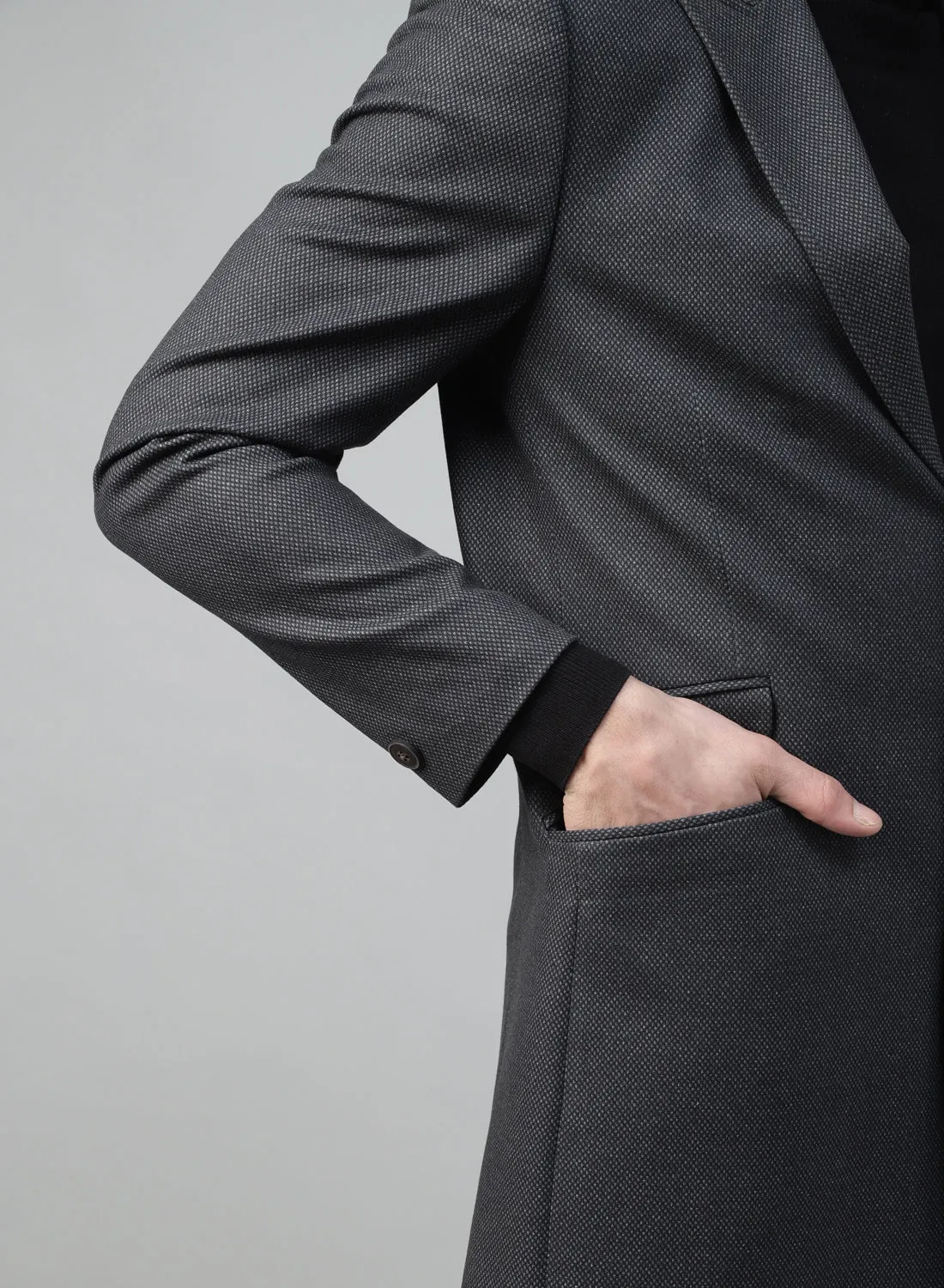 Grey Knit Textured Uncrushable Long Coat