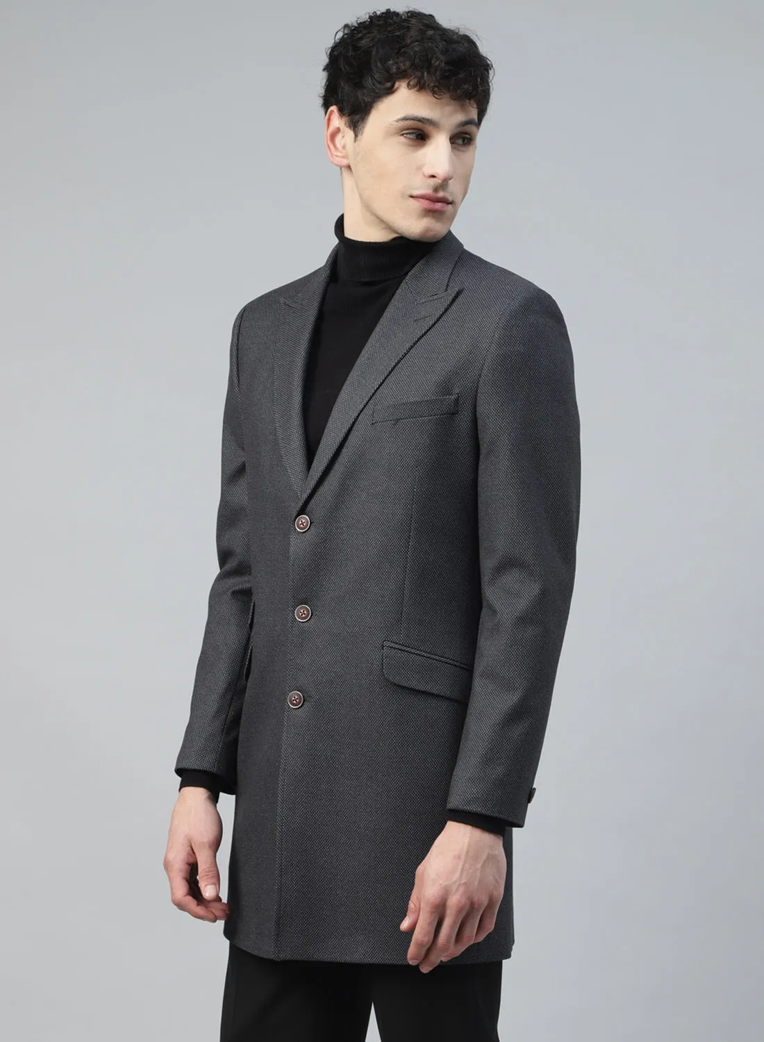 Grey Knit Textured Uncrushable Long Coat
