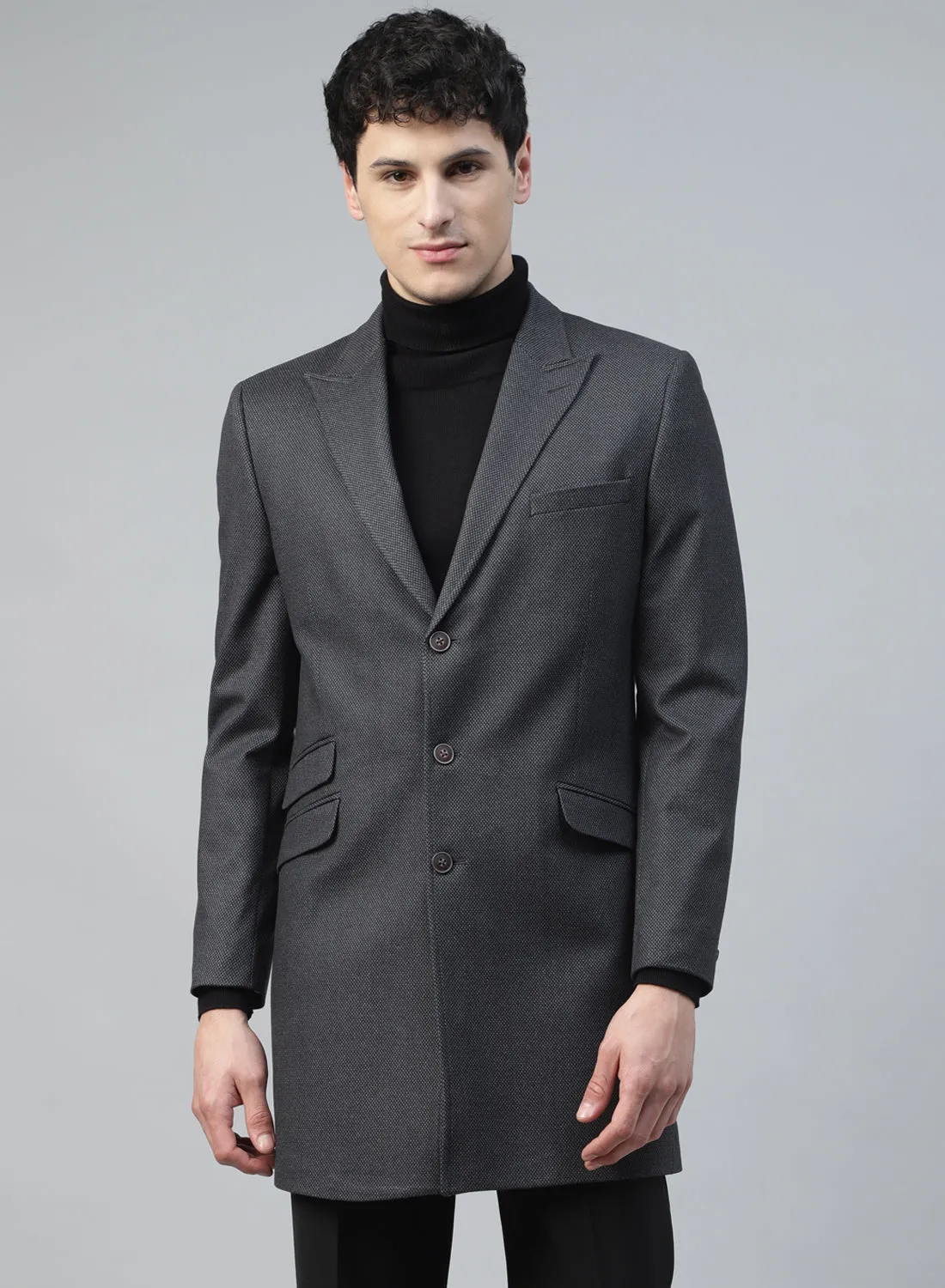Grey Knit Textured Uncrushable Long Coat