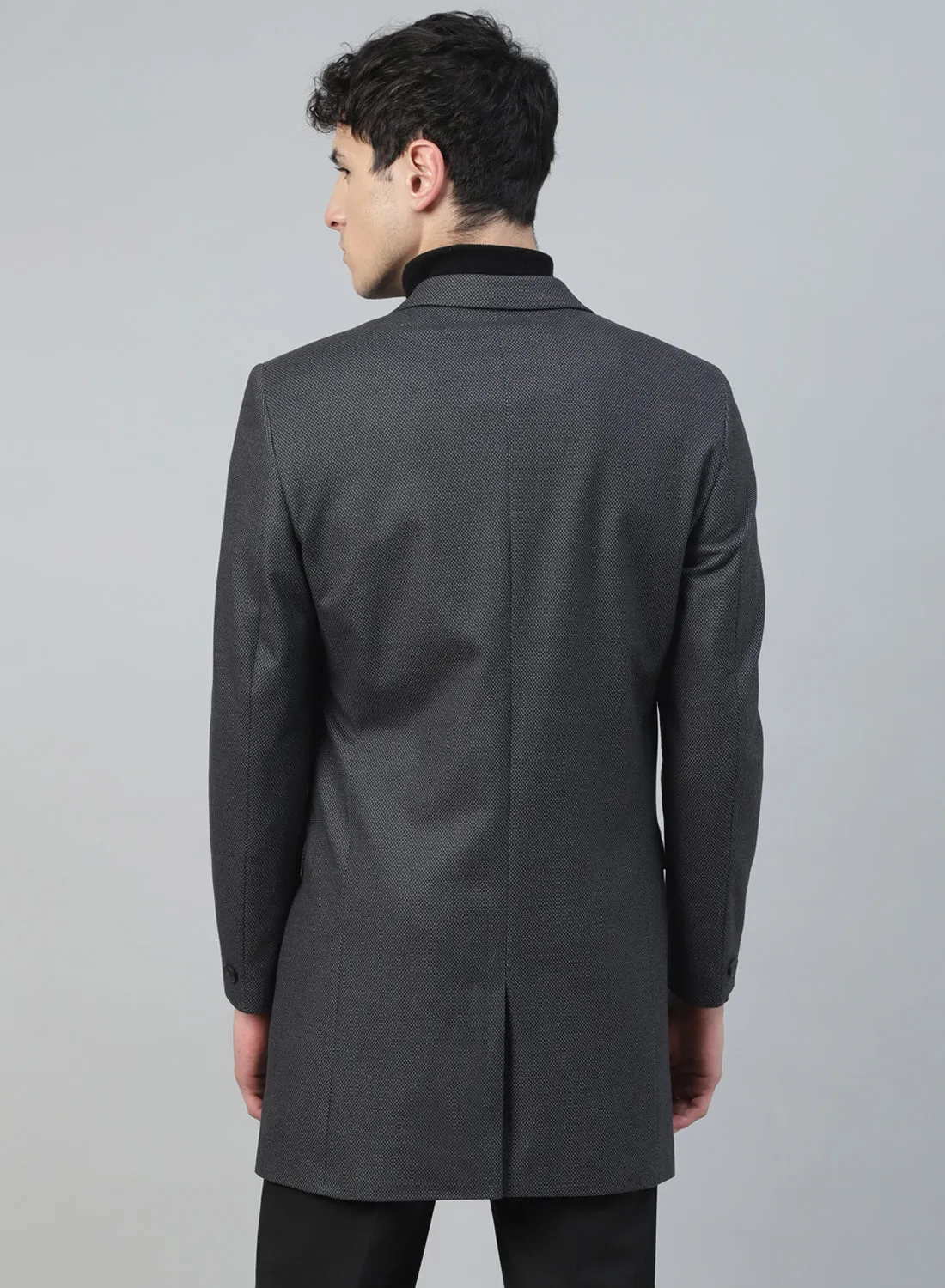 Grey Knit Textured Uncrushable Long Coat