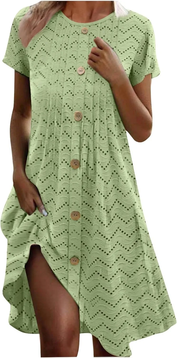 hlysgo Eyelet Embroidery Dress for Women 2025 Summer Short Sleeve Crew Neck Knee Length Dresses Casual Vacation Mini Dress