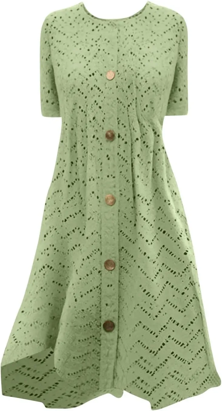hlysgo Eyelet Embroidery Dress for Women 2025 Summer Short Sleeve Crew Neck Knee Length Dresses Casual Vacation Mini Dress