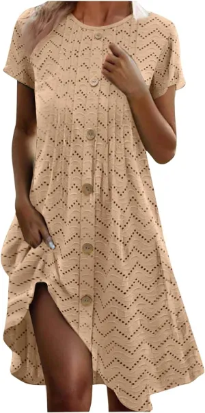 hlysgo Eyelet Embroidery Dress for Women 2025 Summer Short Sleeve Crew Neck Knee Length Dresses Casual Vacation Mini Dress