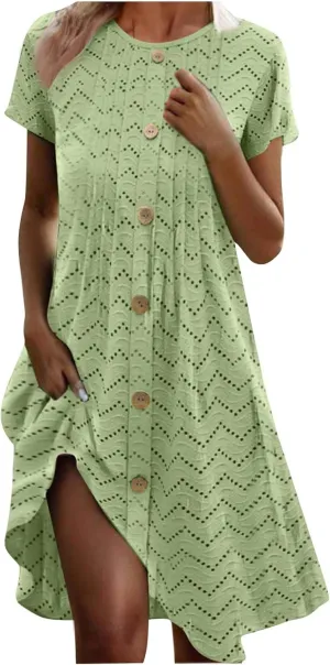 hlysgo Eyelet Embroidery Dress for Women 2025 Summer Short Sleeve Crew Neck Knee Length Dresses Casual Vacation Mini Dress