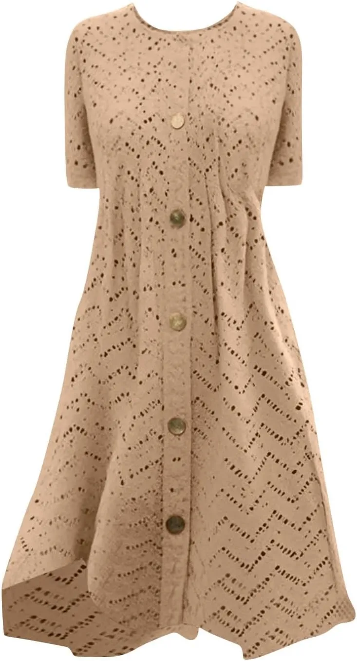 hlysgo Eyelet Embroidery Dress for Women 2025 Summer Short Sleeve Crew Neck Knee Length Dresses Casual Vacation Mini Dress