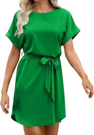 hlysgo Mini Dresses for Women Casual Loose Fit Short Sleeve Crew Neck Party Dress Trendy Silk Satin Tie-Belt Going Out Dress