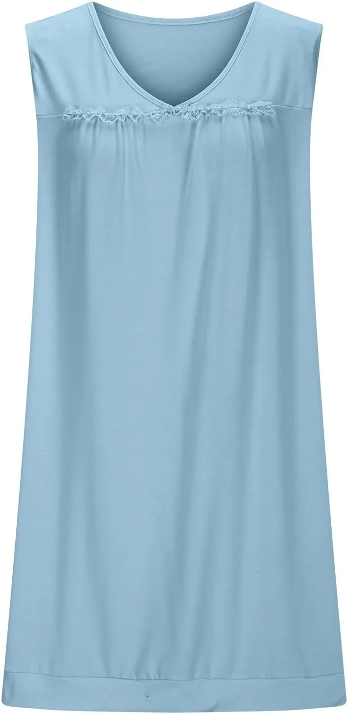 hlysgo Women Nightgowns Dress Summer Casual Sleeveless V Neck Sleep Shirts Sundress Lace Night Shirts Mini Sleep Dress S-2XL