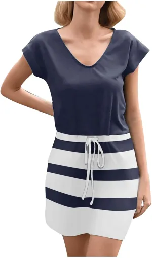 hlysgo Womens Summer Dress 2025 Casual Loose Fit Short Sleeve V Neck Mini Dress Drawstring Waist Petite Dresses with Pockets