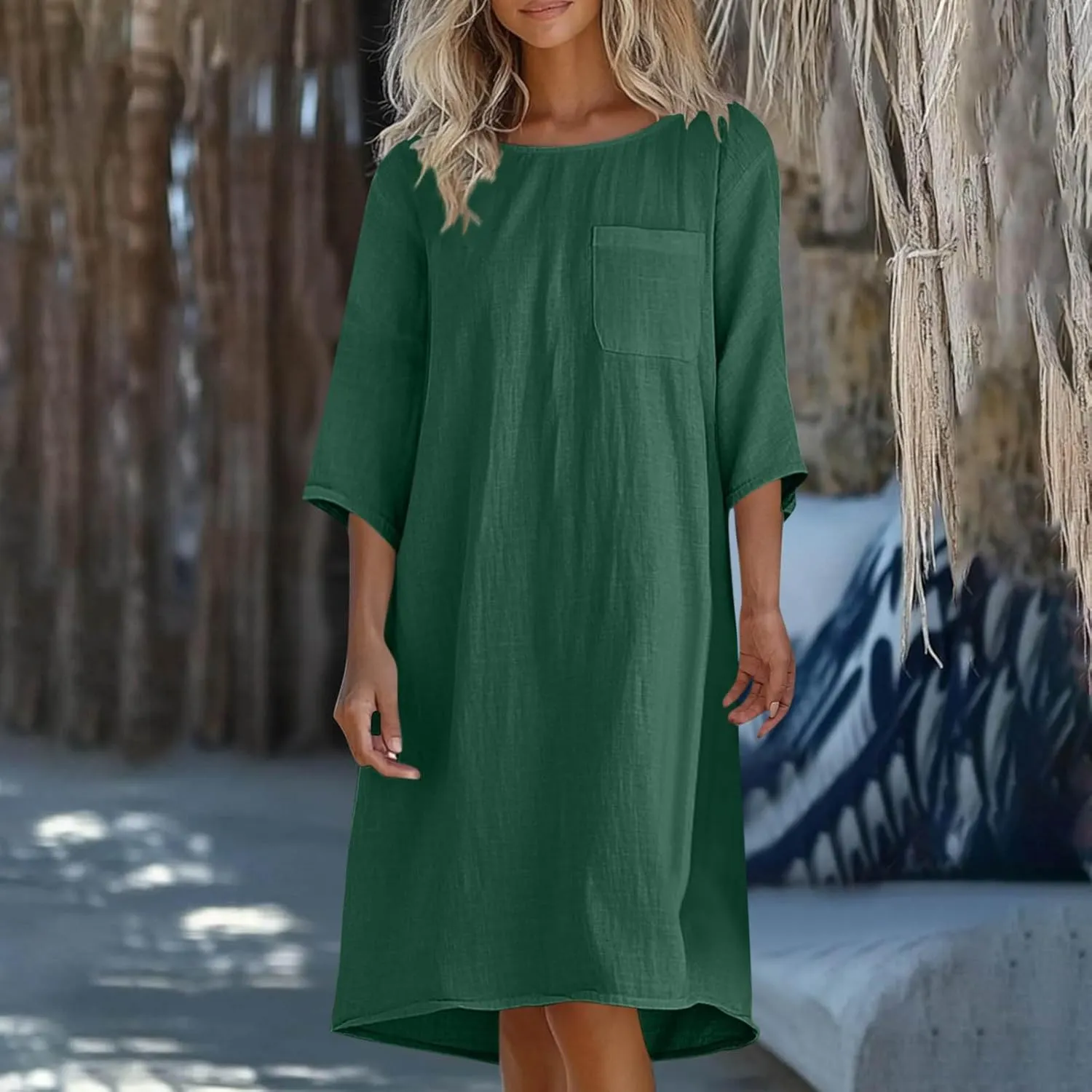 hlysgo Womens Vacation Dress 2025 Summer Casual 3/4 Sleeve Mini Dresses Loose Comfy Knee Length Beach Dress with Pockets