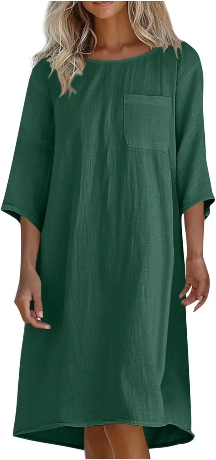 hlysgo Womens Vacation Dress 2025 Summer Casual 3/4 Sleeve Mini Dresses Loose Comfy Knee Length Beach Dress with Pockets