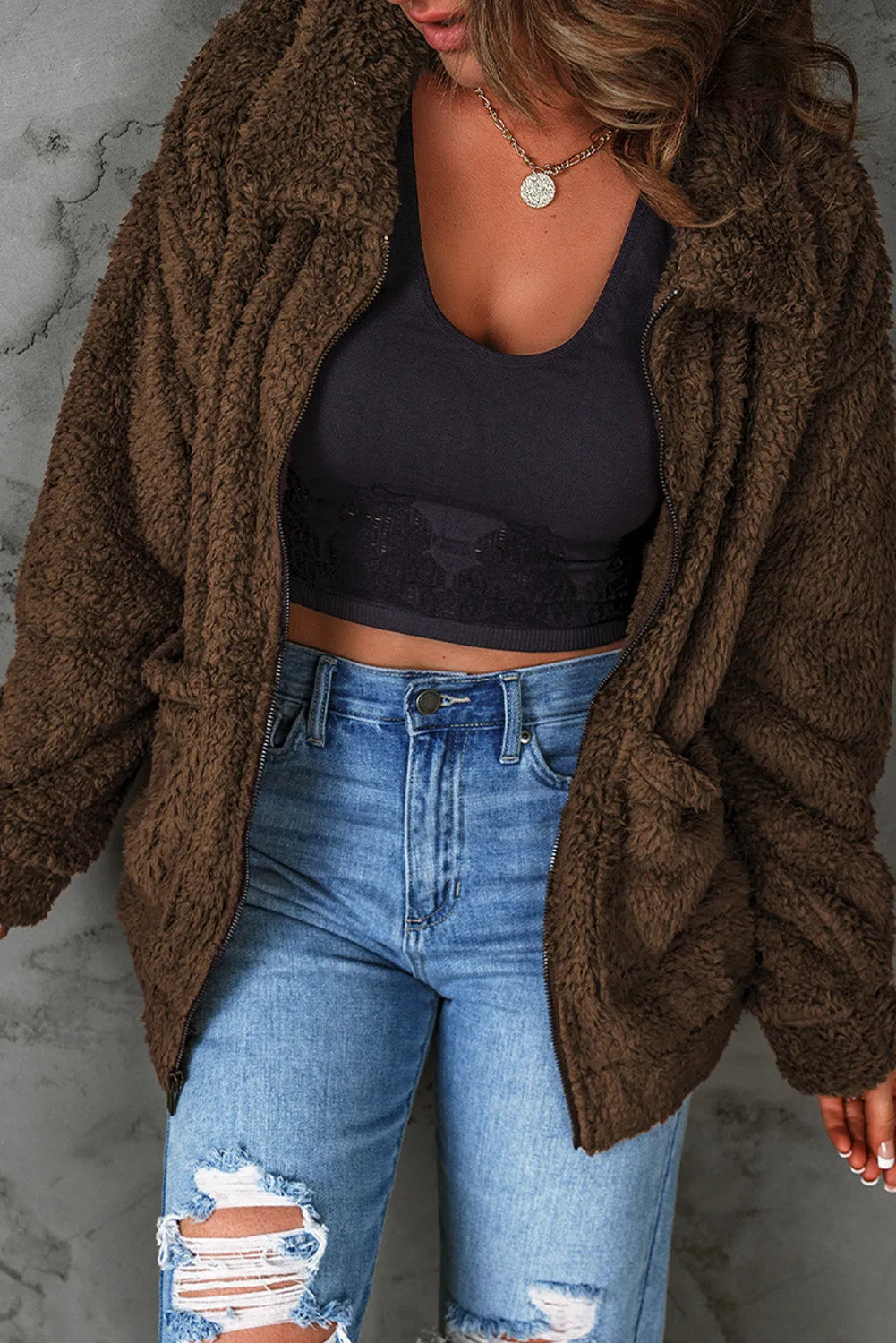 'Isabelle' Zip Up Teddy Jacket with Pockets