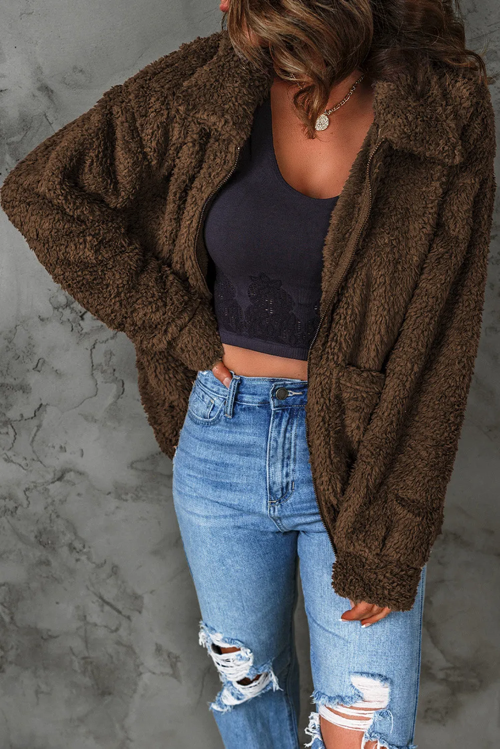'Isabelle' Zip Up Teddy Jacket with Pockets