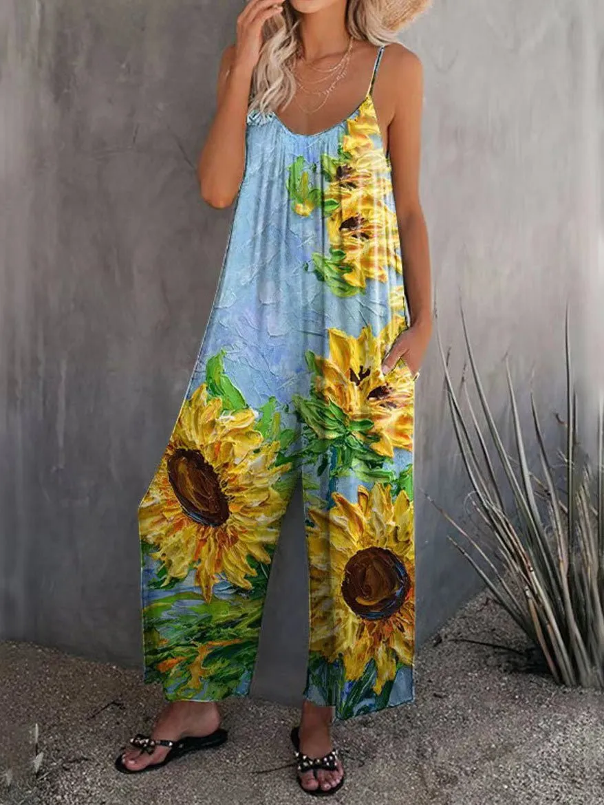 Jumpsuits Casual Multicolor Print Pocket Jumpsuit for Women