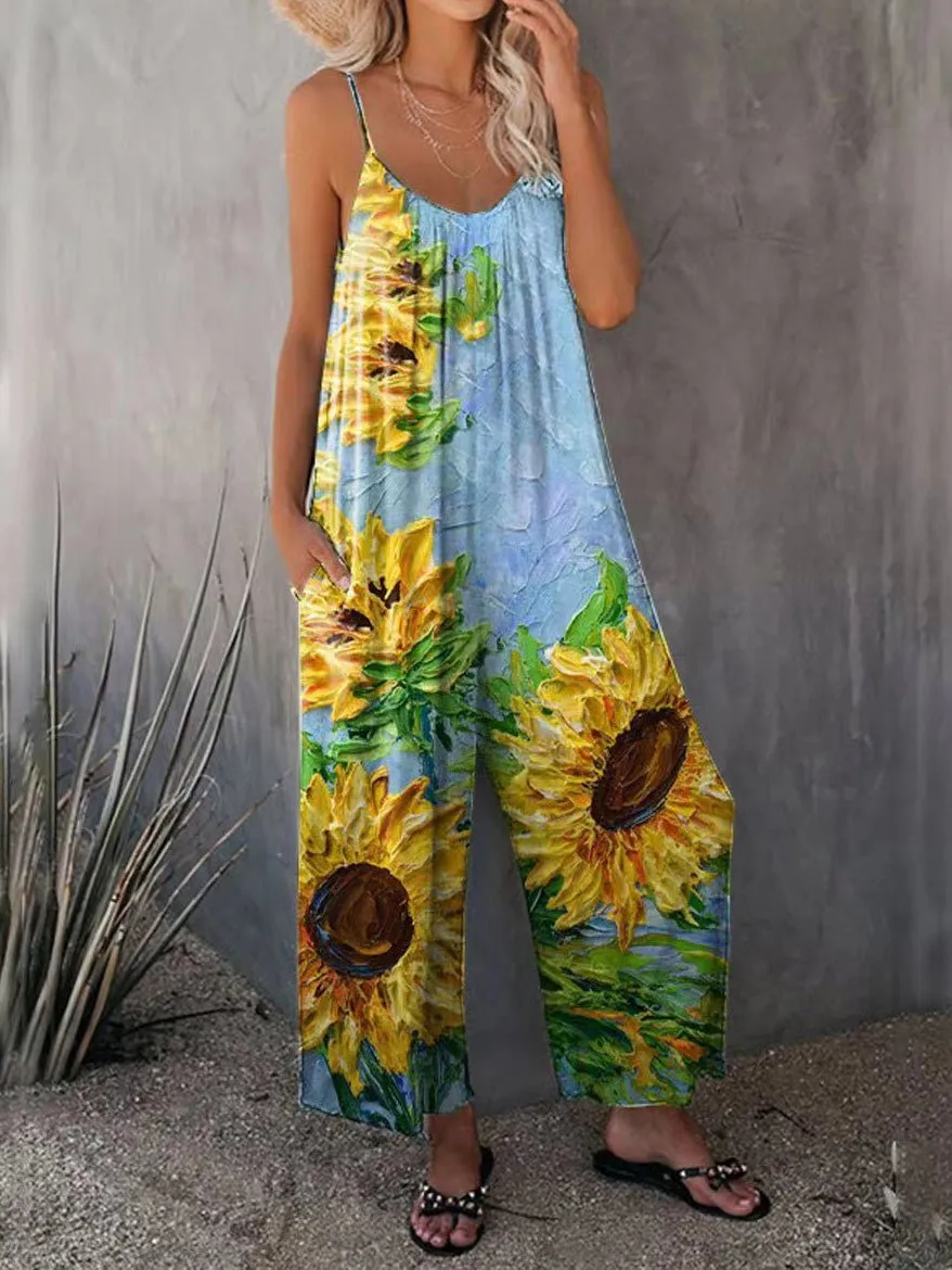 Jumpsuits Casual Multicolor Print Pocket Jumpsuit for Women