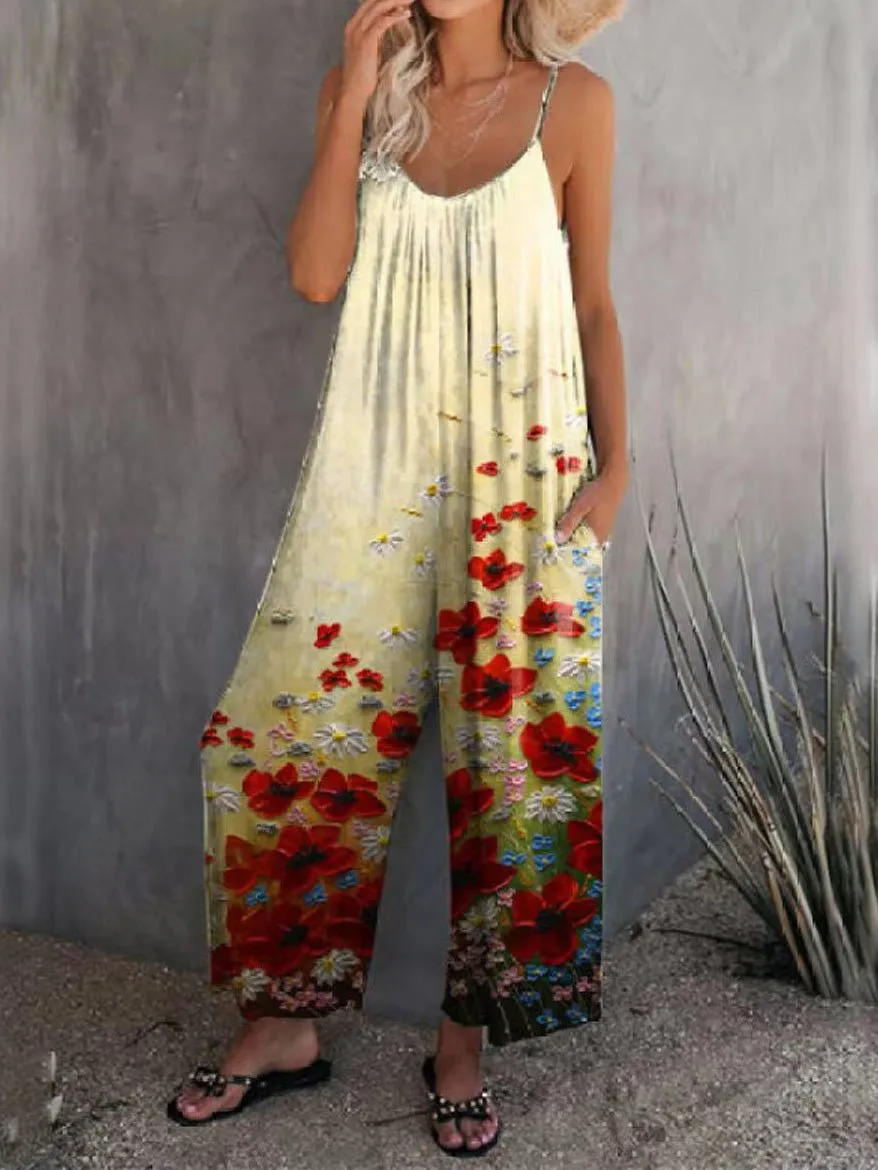 Jumpsuits Casual Multicolor Print Pocket Jumpsuit for Women