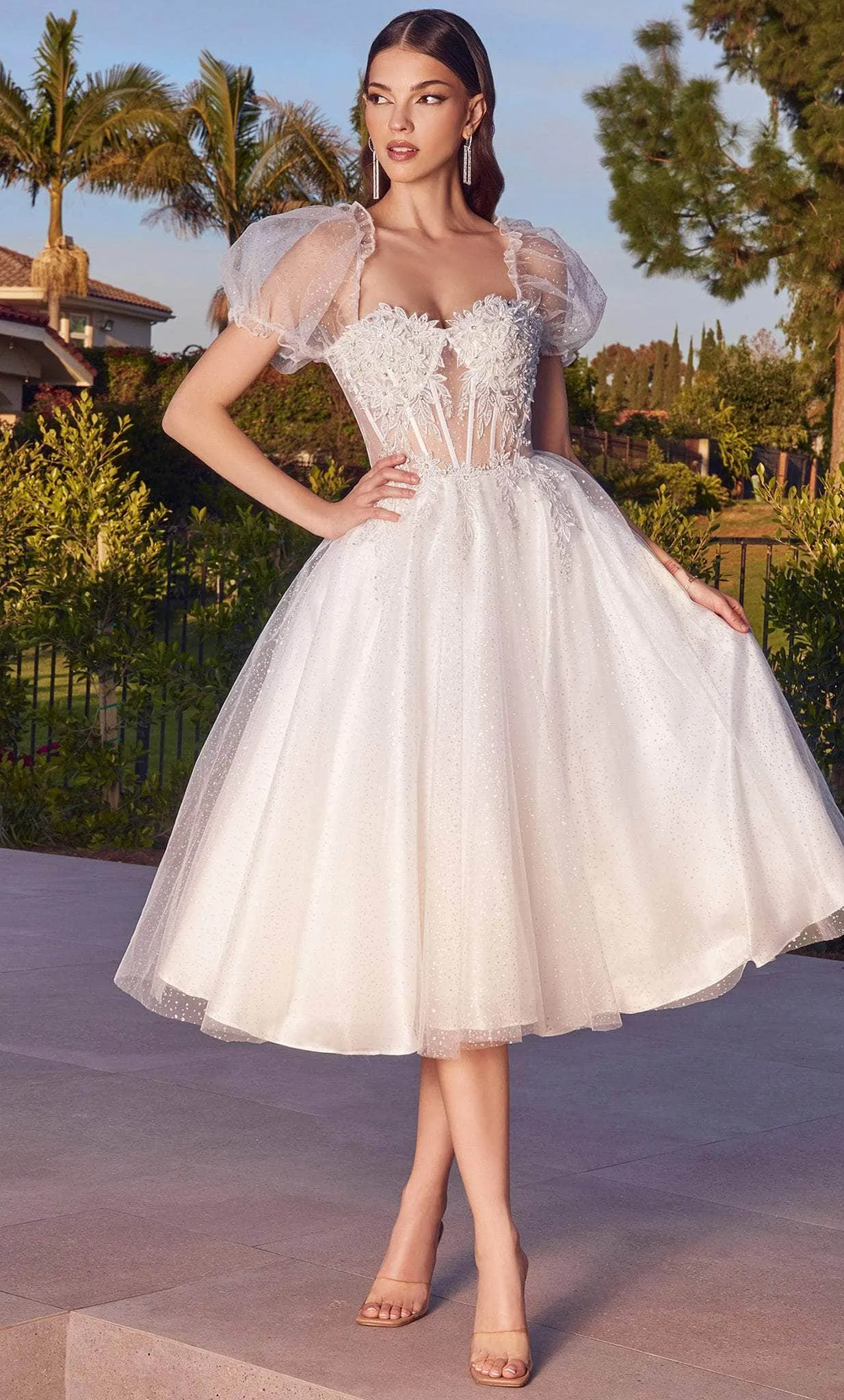 Ladivine CD0187W - Puff Sleeve Glitter A-Line Dress