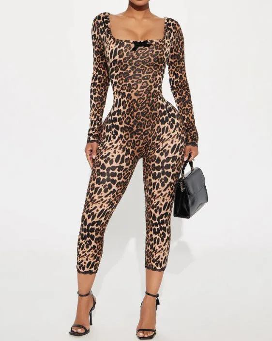 Leopard Print Slim Fit U-Neck Long Sleeve Jumpsuit