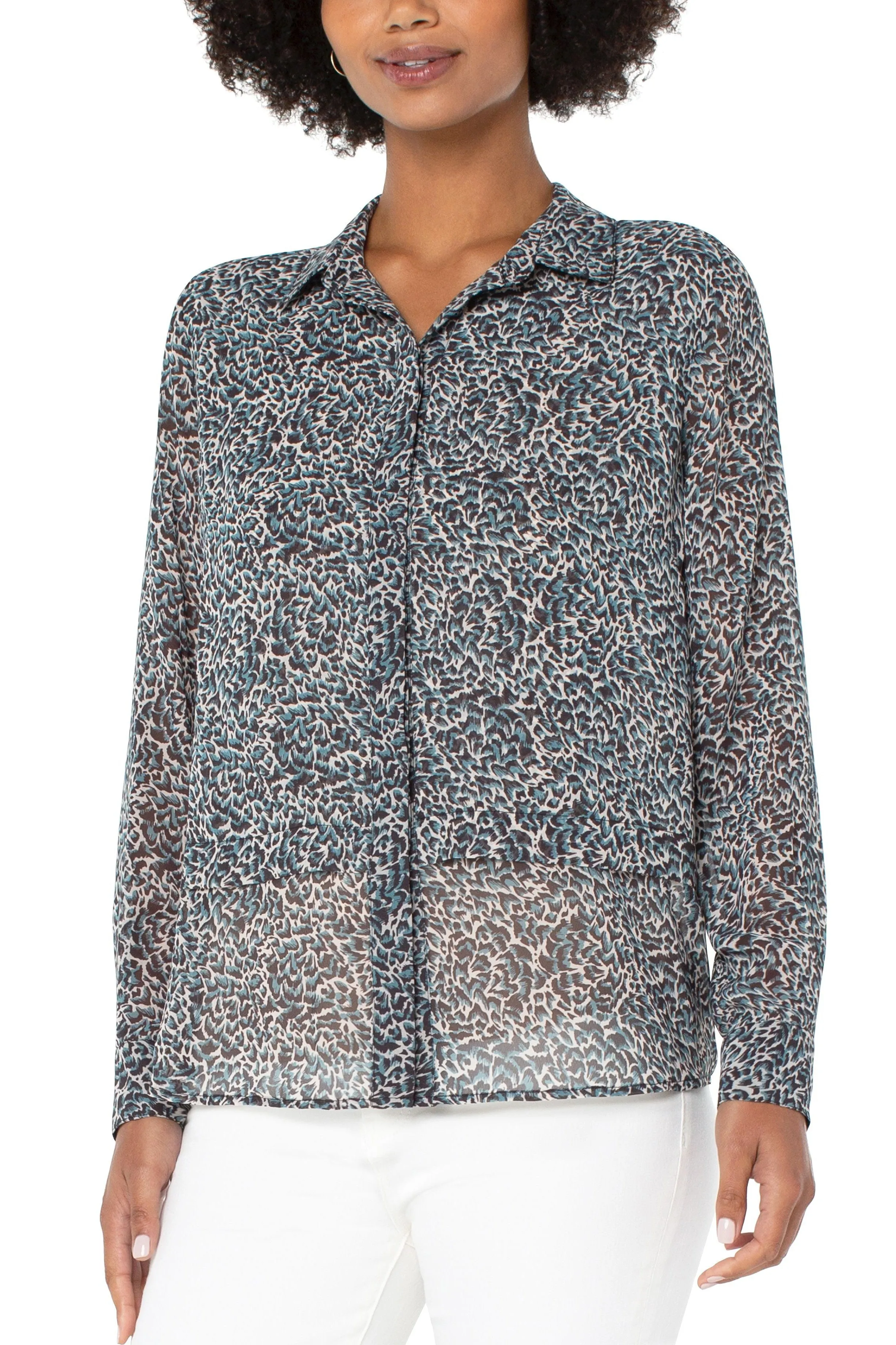 Liverpool Double Layer Hidden Placket Long Sleeve Blouse In Teal