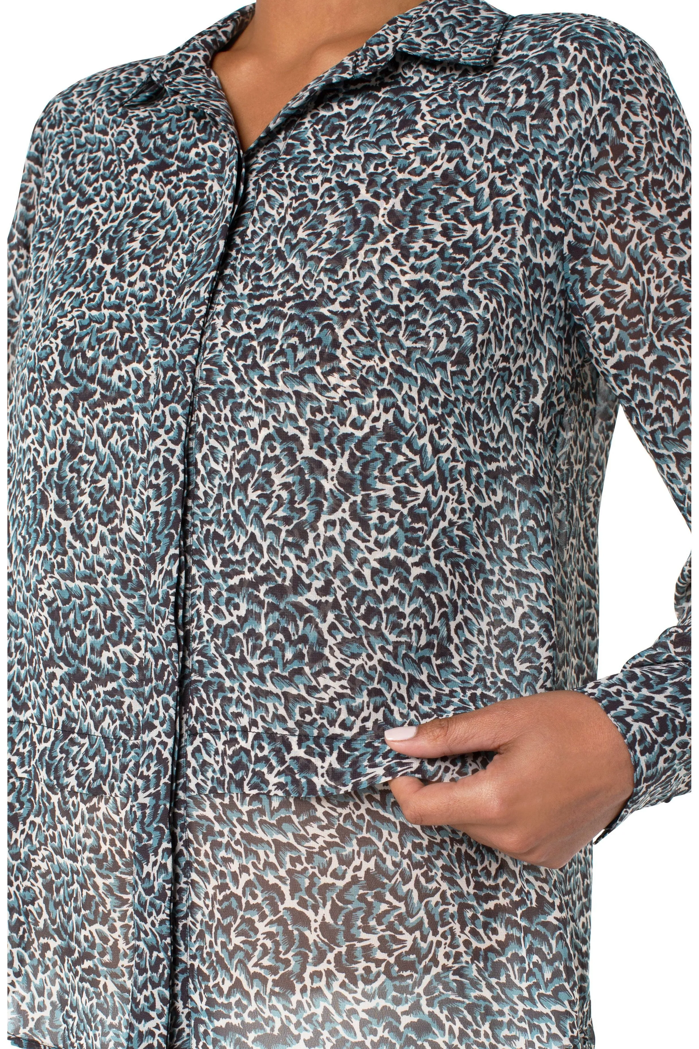 Liverpool Double Layer Hidden Placket Long Sleeve Blouse In Teal